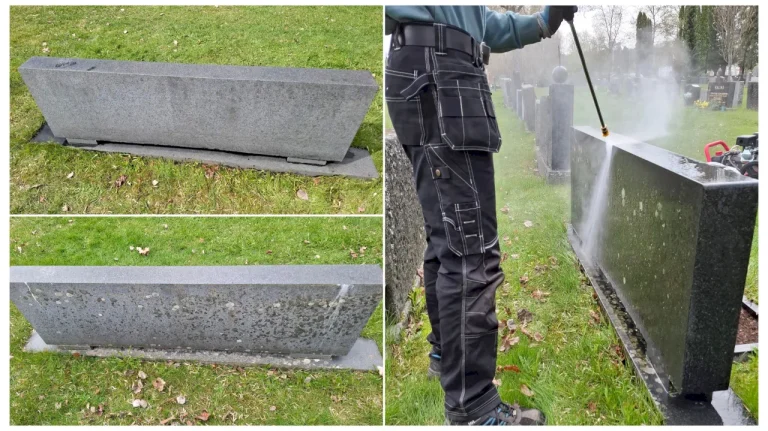 Hautakiven puhdistus ennen ja jälkeen – sammalpeitteinen ja puhdistettu kivi rinnakkain