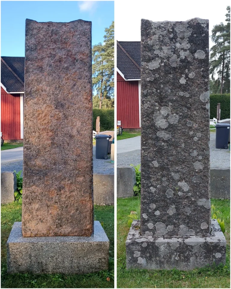 Hautakiven puhdistus ennen ja jälkeen – sammalpeitteinen ja puhdistettu kivi rinnakkain